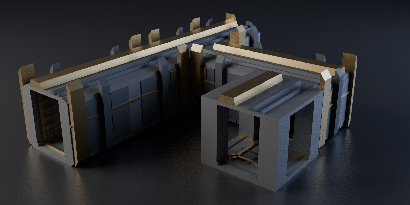 Seven corridor modules assembled into an L, with a four way crossroads open on three sides at the near end of the side branch, lit from above and to the left