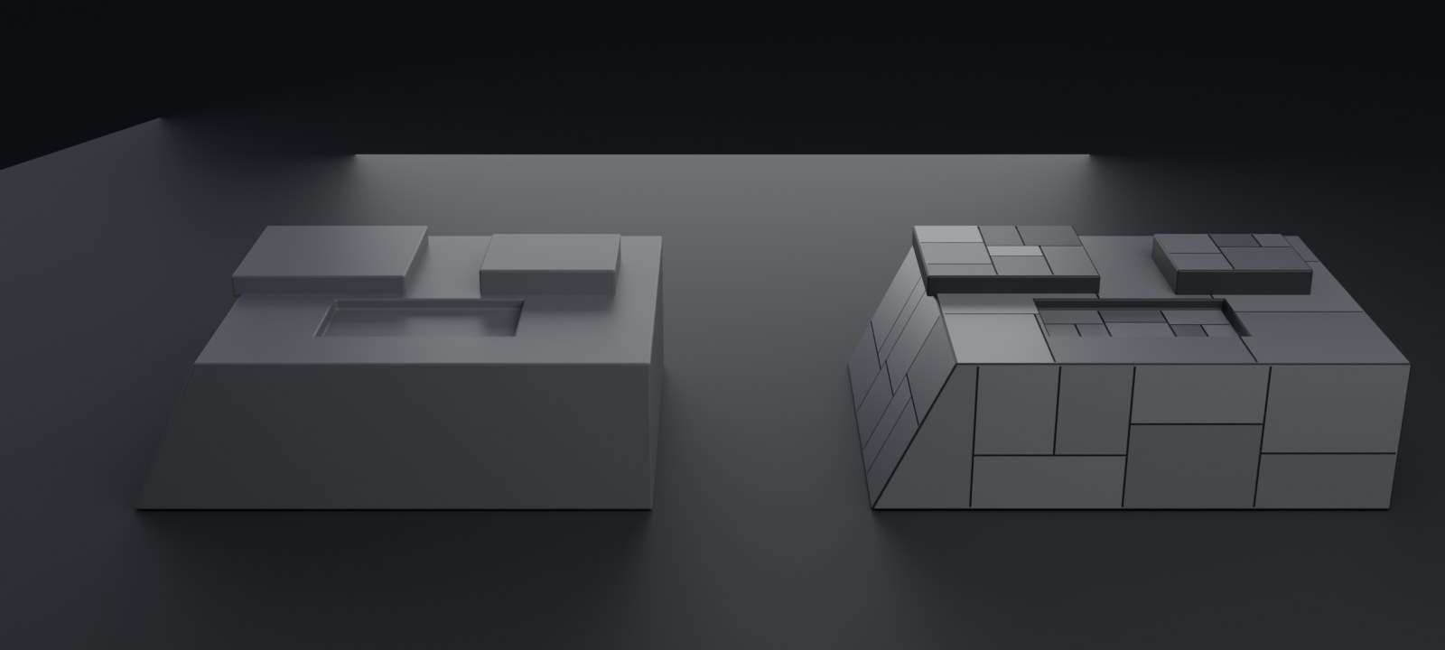 The same hull blockout twice: on the left an untouched shape with a prow and two deck plates, on the right the same shape with recessed panel seams across the deck, the prow and both sides, and each panel shaded a slightly different tone