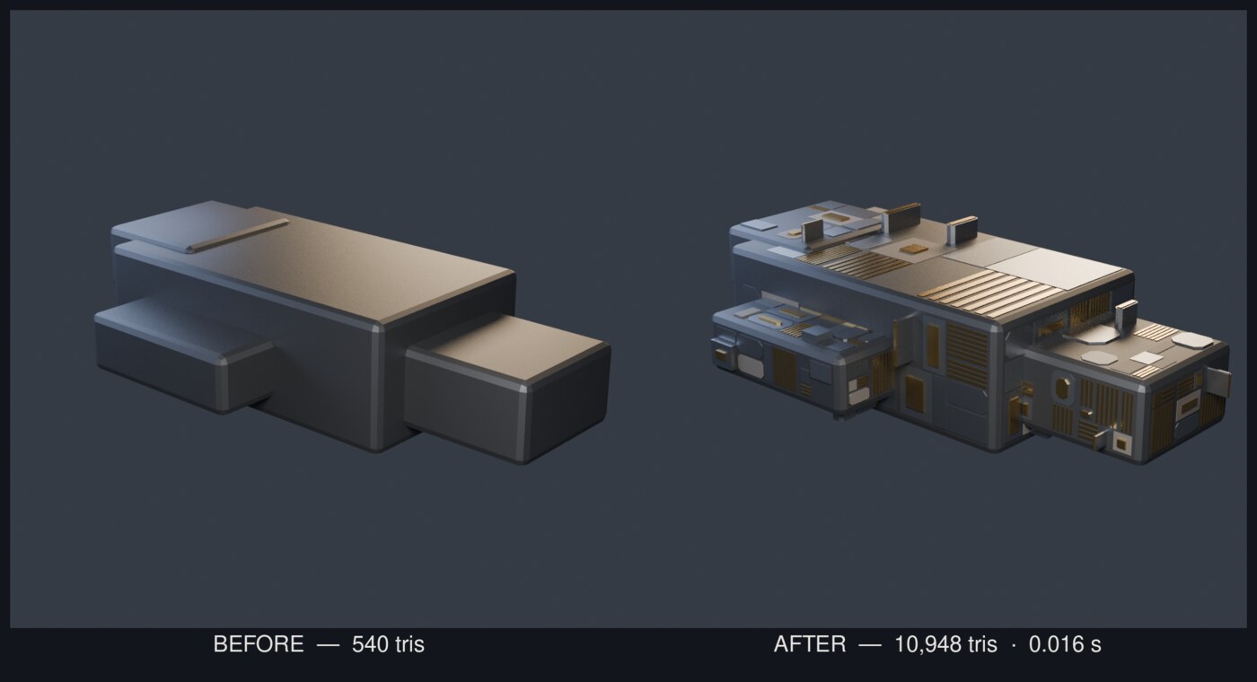 A blocked-out hull before and after PanelForge, same camera and lighting
