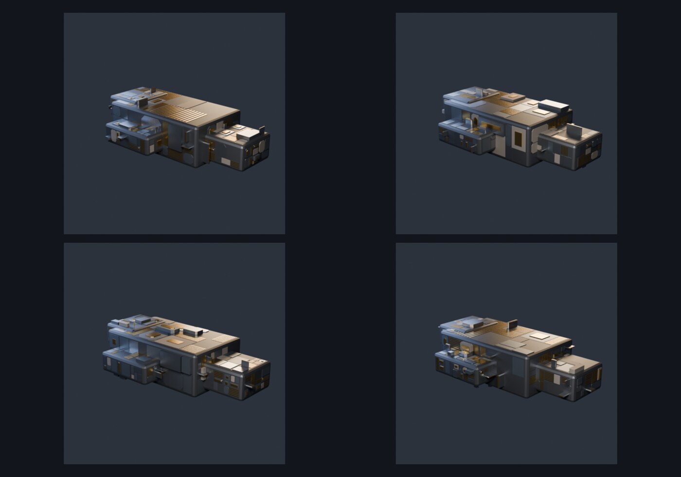 Four different plating layouts generated on the same hull mesh